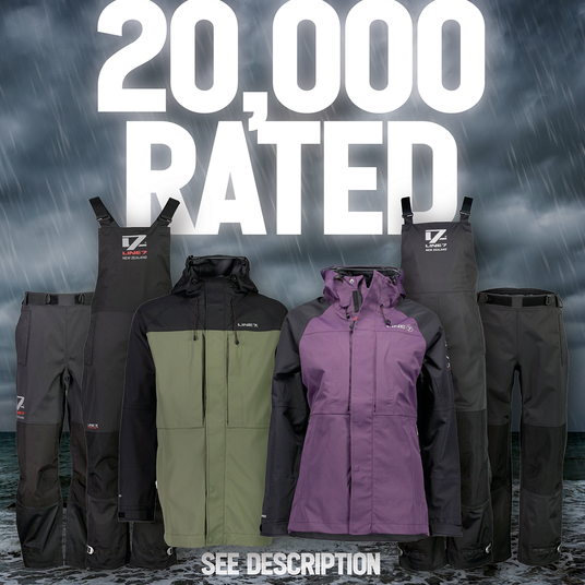 Set of Line7 Pro20 waterproof clothing with a stormy background and '20,000 Rated' text.