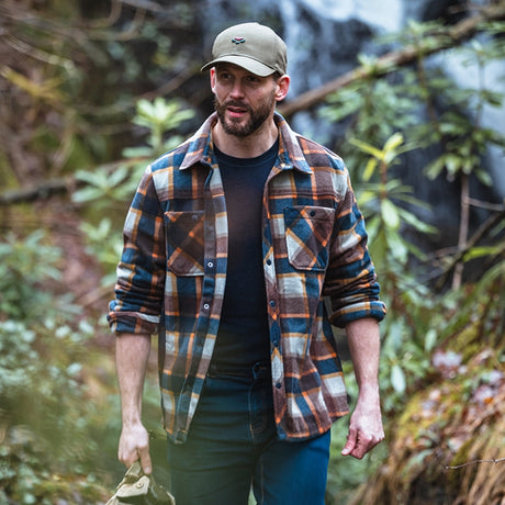 Lifestyle image of Hoggs of Fife Brucefield Fleece Shacket, Brown Navy - Wild & Moor