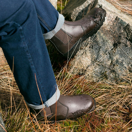 Lifestyle image of muddy Hoggs of Fife Classic Dealer Safety Boots (D3) Dark Brown - Wild & Moor