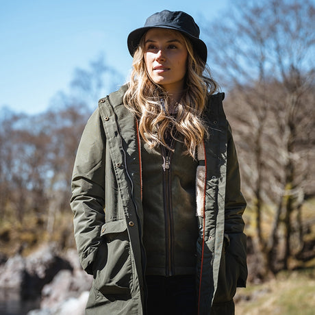Lifestyle Image of Hoggs of Fife Walker Ladies Long Coat Fern Green - Wild & Moor