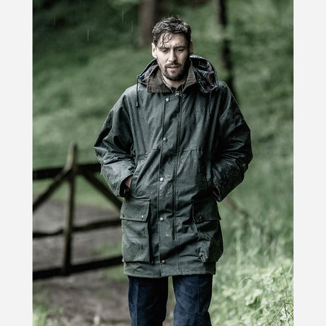 Lifestyle image of Hoggs of Fife Woodsman Waxed Jacket, Olive - Wild & Moor