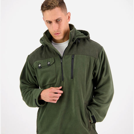 Swanndri Mens High Rock Fleece Pullover Olive with Front Zip & Button Pocket