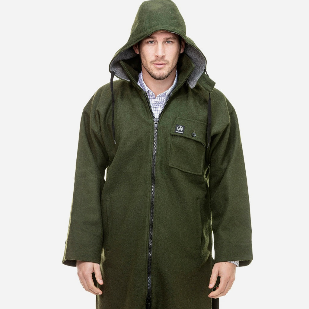 Swanndri Mens Mosgiel Wool Bushshirt with Zip-up Front Olive with Hood Up